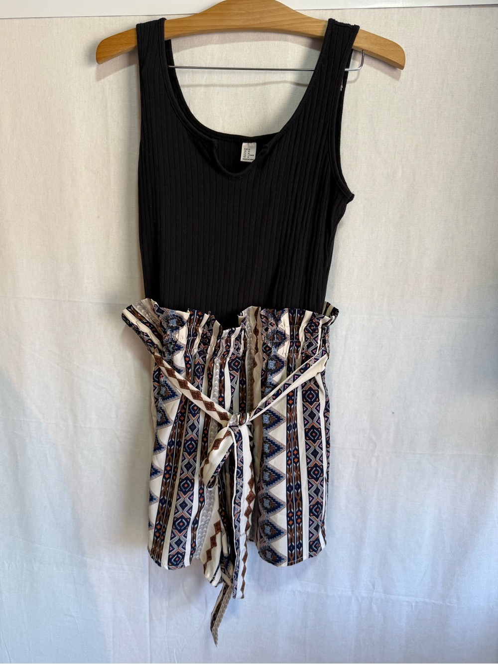 H&M Black Ribbed Tank Jumpsuit with Patterned Paperbag Waist
